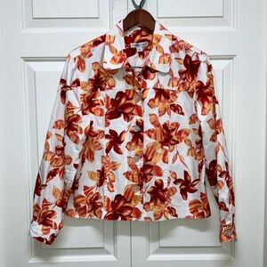 Coldwater Creek cotton jacket with stretch, floral print, white & orange, L